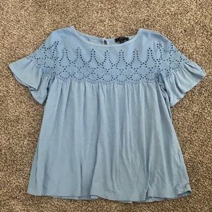 JCrew Blue Cotton Ruffle Sleeve Top